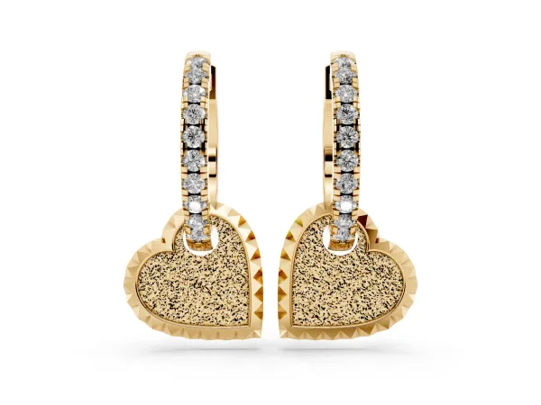 Round Diamond Heart Charm Huggie Hoop Earrings Yellow gold