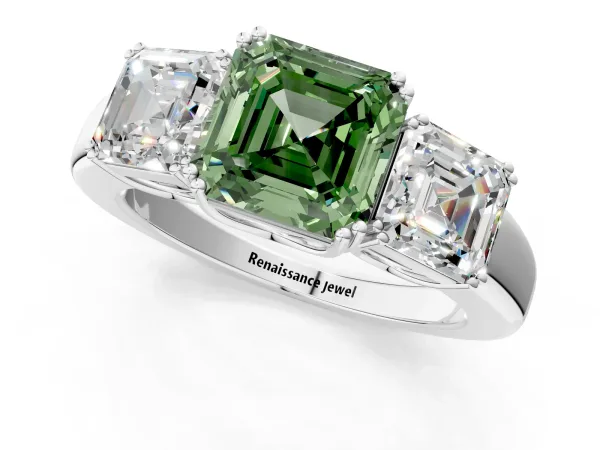 Fancy Green Three-Stone Asscher Cut Cut Diamond Ring with Channel Set Band and Four-Prong Setting Silver