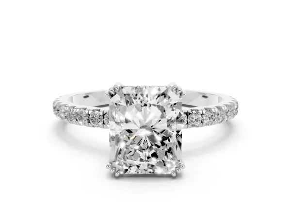 Radiant Cut Brilliant Solitaire with Pavé Band and Claw Prong Setting White gold