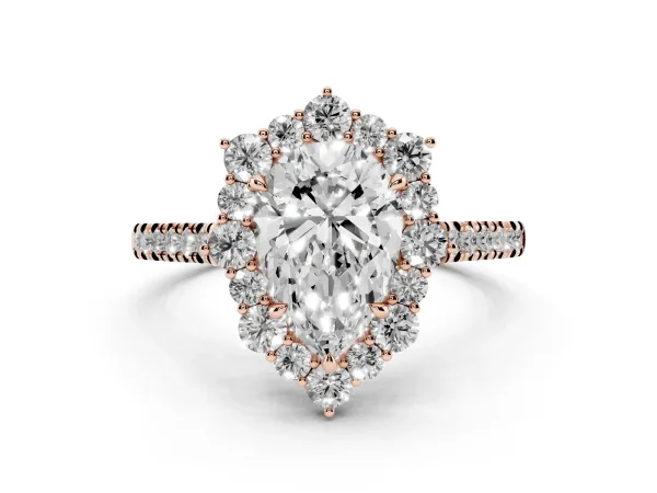 Pear Cut Halo Diamond Ring with Pavé Band and Prong Setting Rose gold