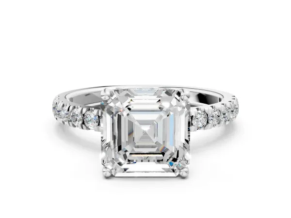 Asscher Cut Diamond Pave Band Solitaire Ring with Round and Prong Setting Platinum