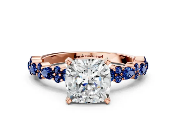 Cushion Cut Diamond Side Stone Solitaire Ring with Round Blue Sapphire and Four-Prong Setting Rose gold