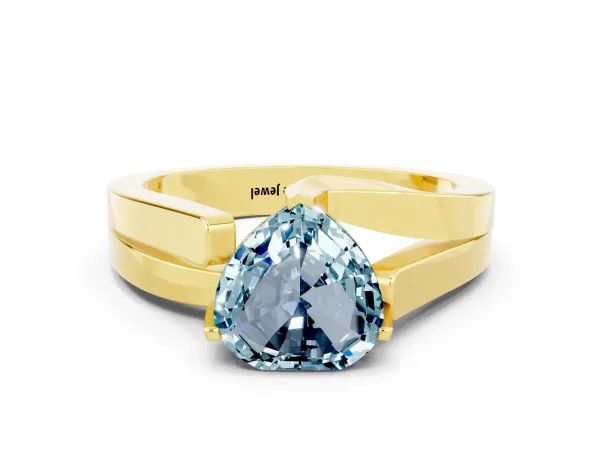 Modern Tension Set Heart Cut Aquamarine Solitaire Wide Band Ring Yellow gold
