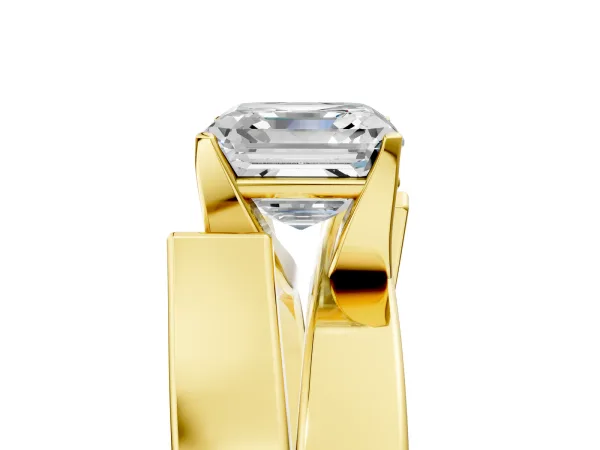 Modern Tension Set Asscher Cut Diamond Solitaire Wide Band Ring Yellow gold