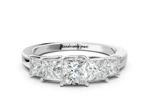 Princess Cut Five-Stone Diamond Ring with Classic Prong Setting Platinum