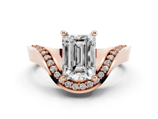 Emerald Cut Solitaire Diamond Engagement Ring with Pave Band and Four-Prong Setting Rose gold
