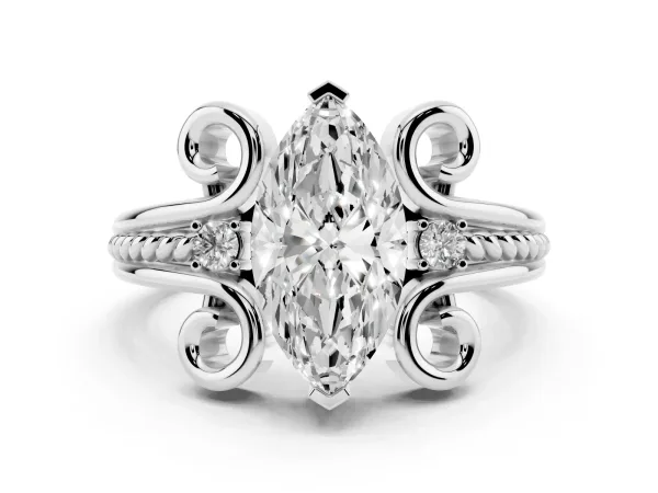 Marquise Cut Solitaire Twisted Band Scroll Prong Ring White gold