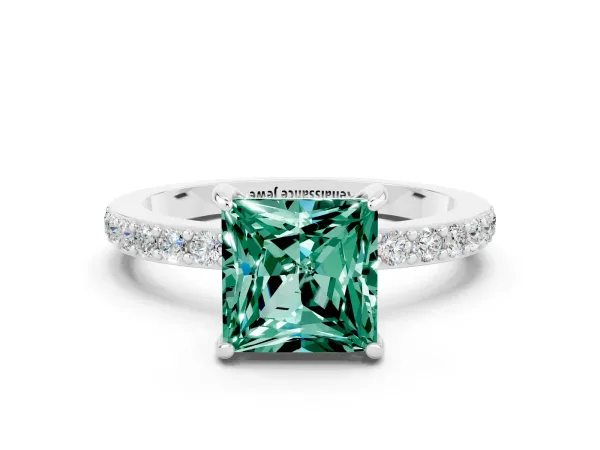 Princess Cut Green Sapphire Solitaire Engagement Ring with Pavé Band and Four-Prong Setting Platinum