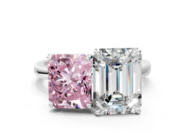 Fancy Pink Radiant Cut and Emerald Cut Toi Moi Ring with Prong Setting White gold