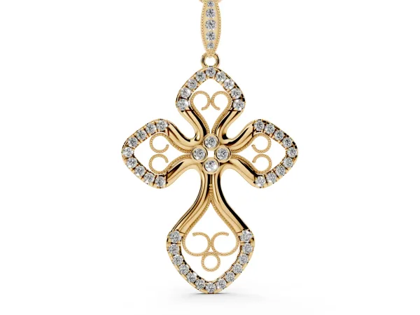 Diamond Pavé Round Milgrain Cross Pendant Yellow gold