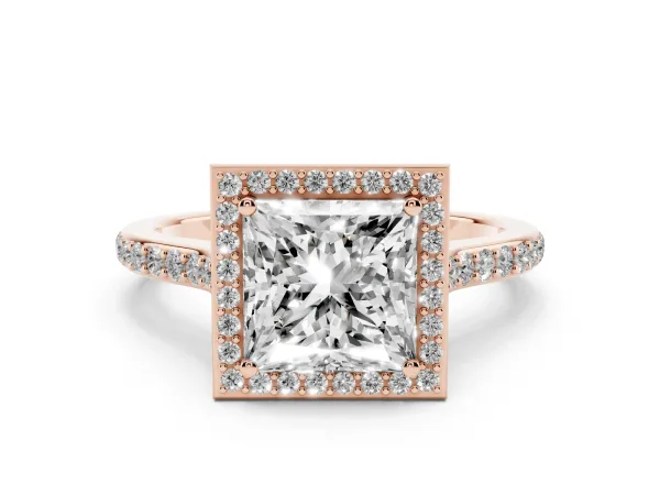 Princess Cut Diamond Halo Engagement Ring with Round Pavé Shoulders and Prong Setting Rose gold