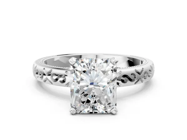 Radiant Cut Solitaire Engagement Ring with Scrollwork Band and Four-Prong Setting Platinum