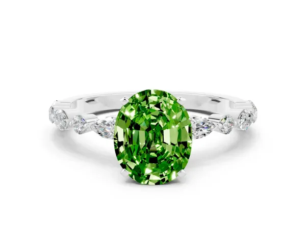 Oval Cut Peridot Ring with Marquise and Round Side Stones and Four-Prong Setting White gold