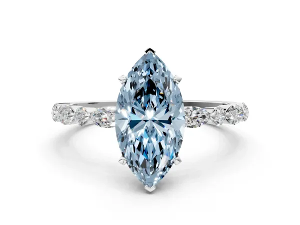 Fancy Blue Marquise Cut Diamond Ring with Marquise and Round Side Stones and Four-Prong Setting White gold