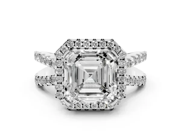Asscher Cut Diamond Halo Ring with Split Shank Pavé Band and Prong Setting Platinum