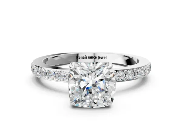 Cushion Cut Diamond Solitaire Engagement Ring with Pavé Band and Four-Prong Setting Platinum