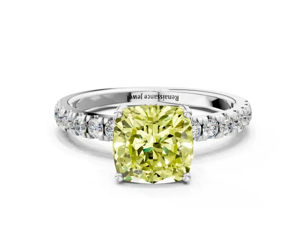 Fancy Yellow Cushion Cut Diamond Pave Band Solitaire Ring with Round and Prong Setting Platinum