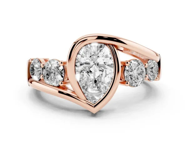 Bezel Set Pear Cut Diamond Bypass Ring with Round Accents Rose gold