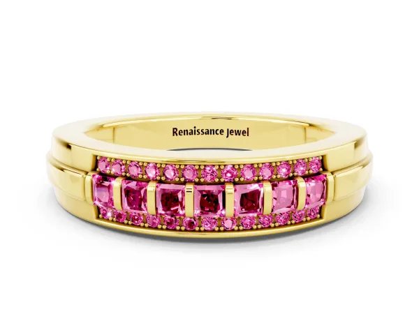 Bar-Set Princess Cut Pink Sapphire Pavé Band Yellow gold