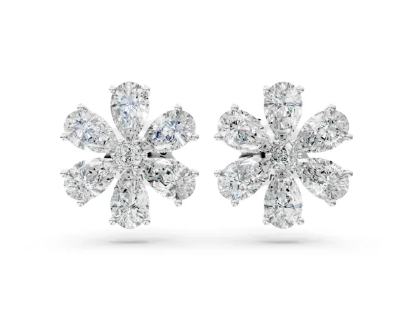Pear Cut Diamond Floral Cluster Stud Earrings Silver
