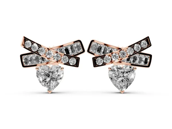 Heart Diamond X Stud Earrings with Baguette and Round Accents Rose gold