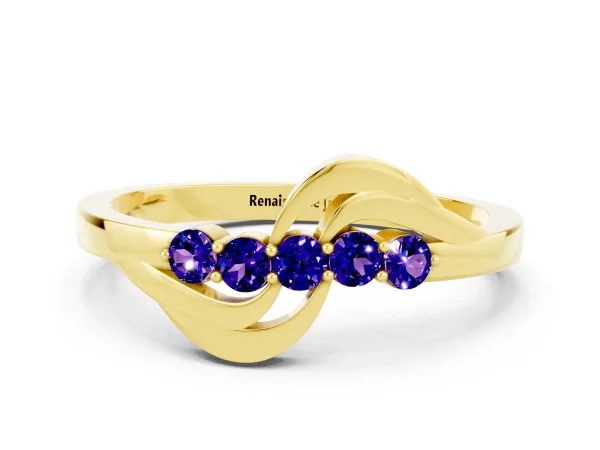 Five-Stone Round Tanzanite Crossover Band with Prong Setting Yellow gold
