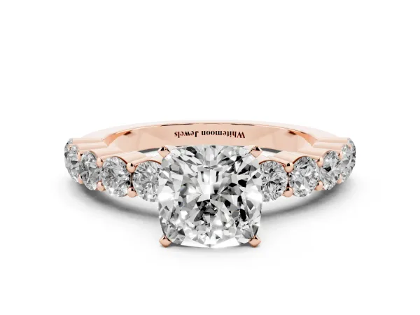Cushion Cut Diamond Solitaire Ring with Shared Prong Round Side Stones Rose gold