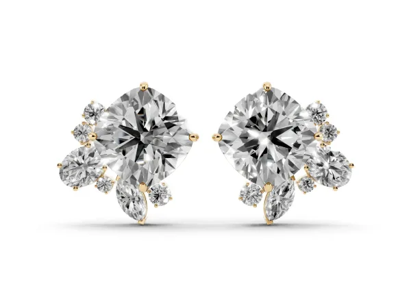 Cushion Cut Diamond Floral Stud Earrings with Multi-Shape Accents Yellow gold