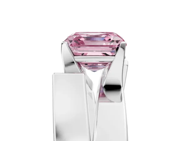 Fancy Pink Modern Tension Set Asscher Cut Diamond Solitaire Wide Band Ring Silver