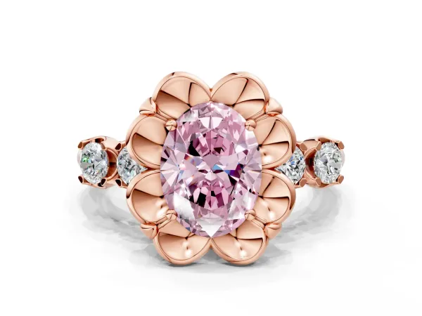 Fancy Pink Oval Cut Cut Diamond Floral Halo Engagement Ring with Shared Prong Setting Rose gold