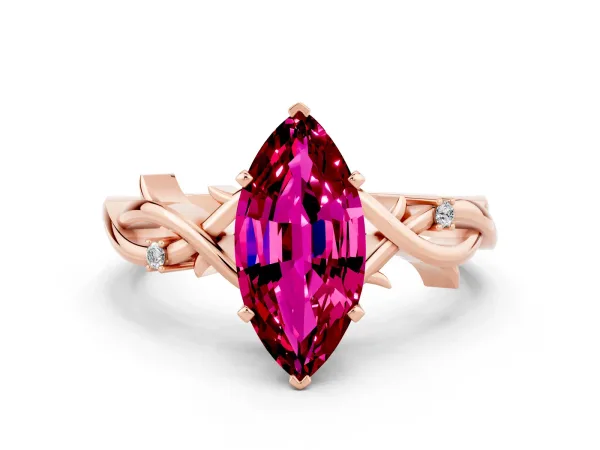 Marquise Cut Garnet Solitaire Ring with Milgrain Pavé Band and Four-Prong Setting Rose gold