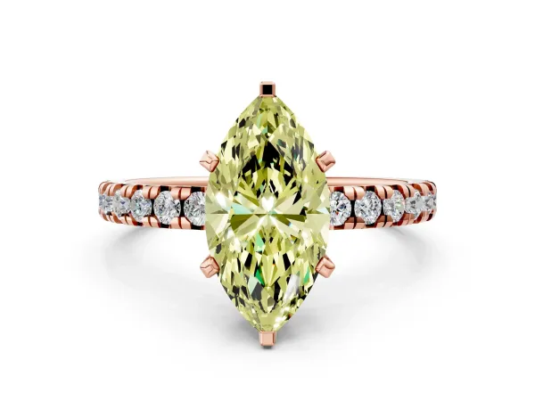 Fancy Yellow Marquise Cut Diamond Solitaire Pavé Engagement Ring with Round Band and Prong Setting Rose gold