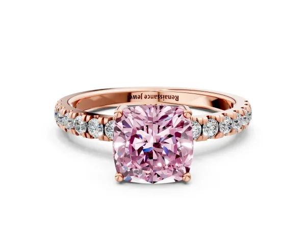 Fancy Pink Cushion Cut Diamond Pave Band Solitaire Ring with Round and Prong Setting Rose gold