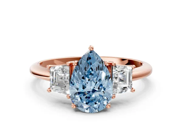 Fancy Blue Pear Cut Diamond Three-Stone Ring with Trapezoid Side Stones and Prong Setting Rose gold