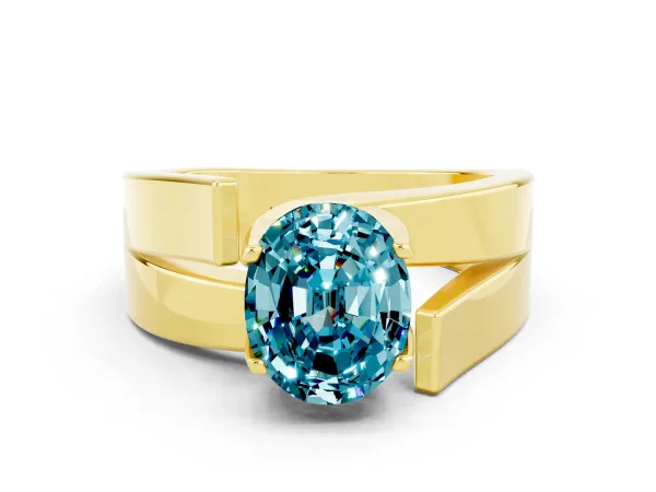Modern Tension Set Oval Cut Blue Topaz Solitaire Wide Band Ring Yellow gold