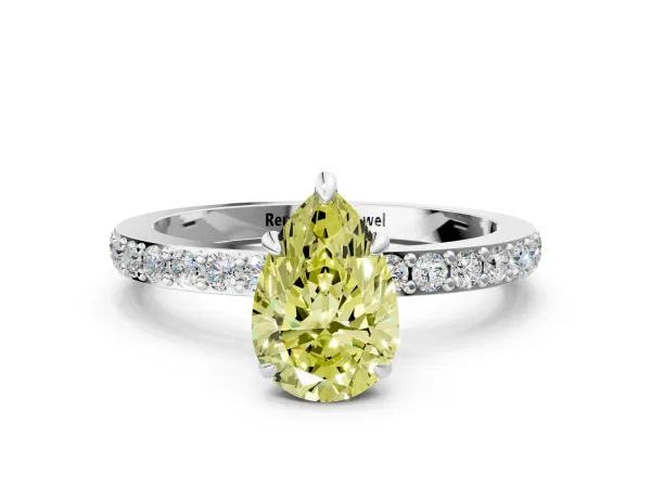 Fancy Yellow Pear Cut Diamond Solitaire Engagement Ring with Pavé Band and Four-Prong Setting Platinum