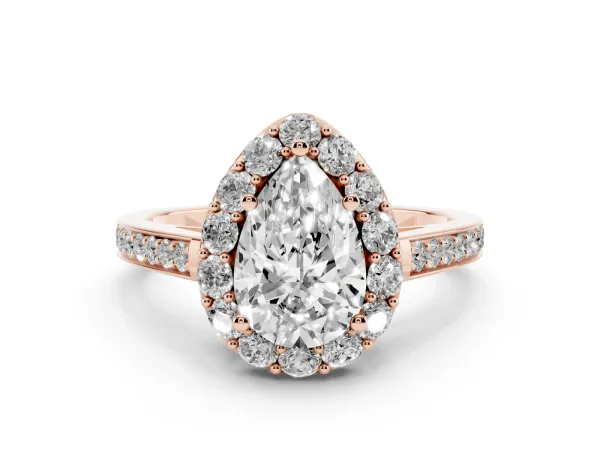 Pear Cut Diamond Floral Halo Ring with Pavé Band and Prong Setting Rose gold