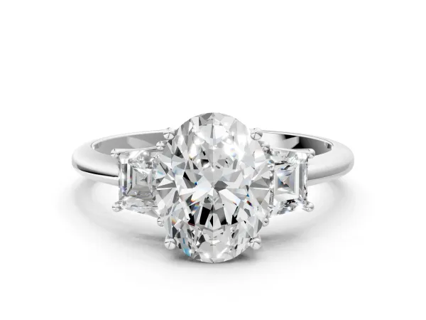 Oval Cut Diamond Three-Stone Ring with Trapezoid Side Stones and Prong Setting Platinum
