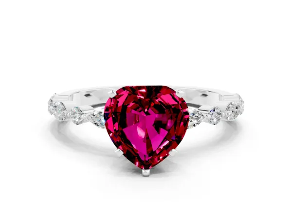 Heart Cut Garnet Ring with Marquise and Round Side Stones and Four-Prong Setting Platinum