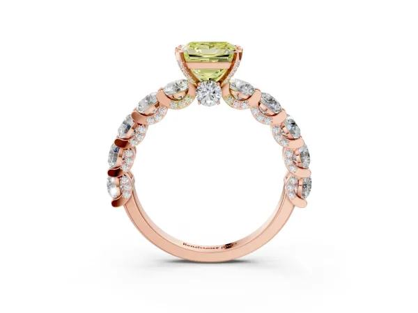 Fancy Yellow Princess Cut Diamond Side Stone Engagement Ring with Four-Prong Setting Rose gold