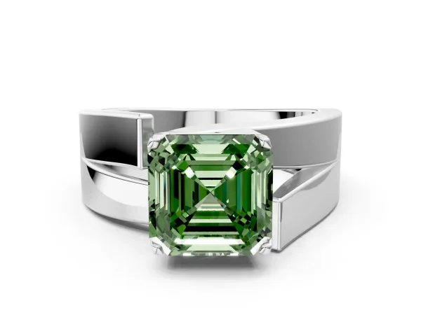 Fancy Green Modern Tension Set Asscher Cut Diamond Solitaire Wide Band Ring Silver