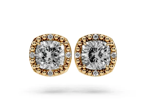 Cushion Diamond Beaded Halo Stud Earrings Yellow gold