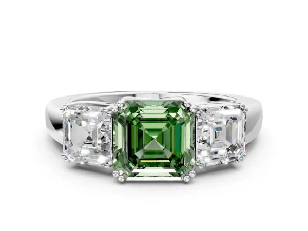 Fancy Green Three-Stone Asscher Cut Cut Diamond Ring with Channel Set Band and Four-Prong Setting Platinum
