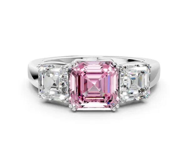 Fancy Pink Three-Stone Asscher Cut Cut Diamond Ring with Channel Set Band and Four-Prong Setting Platinum