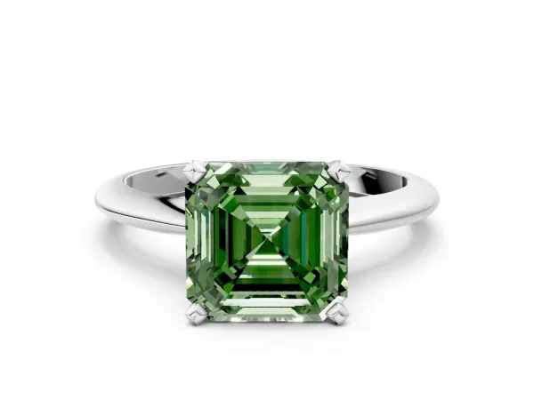 Fancy Green Asscher Cut Diamond Solitaire Engagement Ring with Classic Band and Four-Prong Setting Platinum