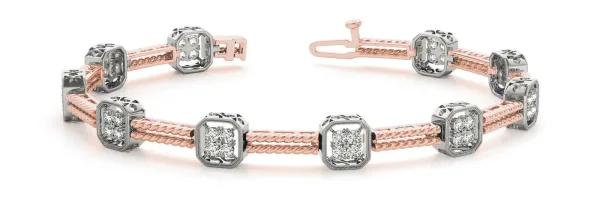 Princess Cut Diamond Tennis Bracelet with Rope Band and Bezel Setting Rose gold