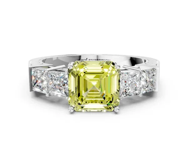 Fancy Yellow Asscher Cut Solitaire Princess Side Stone Engraved Band Prong Setting Ring Platinum