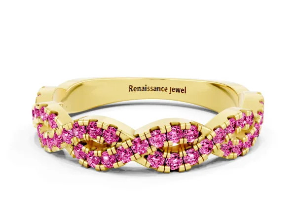Round Pink Sapphire Twisted Eternity Band with Pavé and Shared Prong Setting Yellow gold