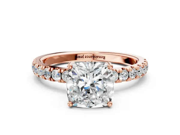 Cushion Cut Diamond Pave Band Solitaire Ring with Round Moissanite and Prong Setting Rose gold