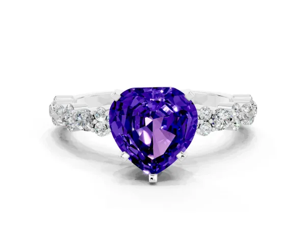 Heart Cut Tanzanite Side Stone Solitaire Ring with Round and Four-Prong Setting Platinum